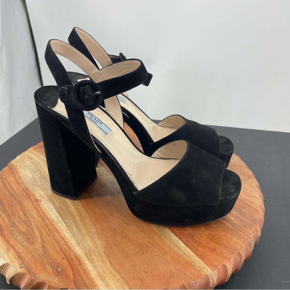 PRADA Black Suede Block Heel Platform Sandals ankle strap, 39.5